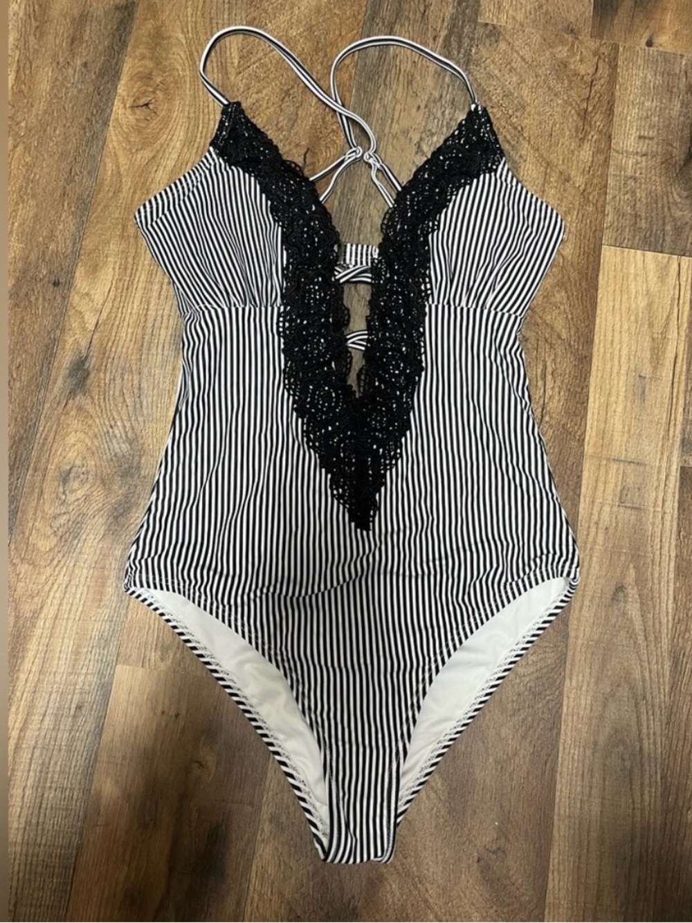 Cupshe Striped Black & White Lace-Trim One-Piece